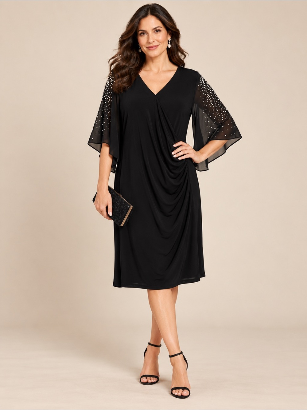 NWOT Black Midi Dress with Embellished Pearl Sleeves - LBS